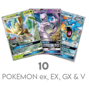 10 random Pokémon EX, GX & V Deze zullen allemaal Engelstalig zijn. U ontvangt 10 verschillende kaarten, dus geen dubbelen!